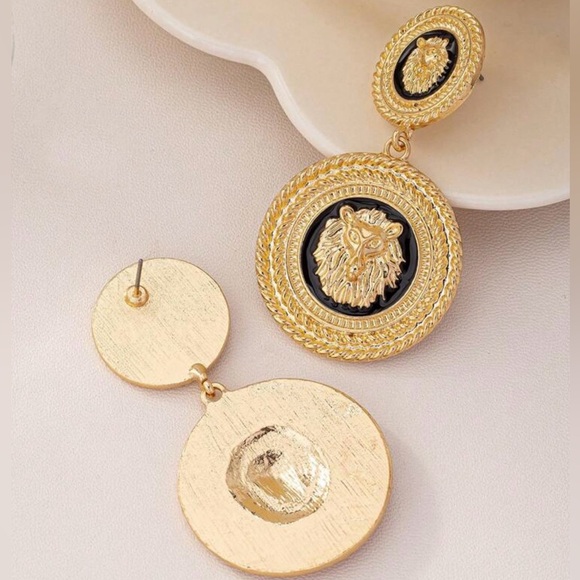 Designer Inspired Lion Head, Gold & Black Double Circle,Vintage Style Earrings - Picture 3 of 7